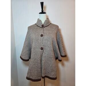 Peruvian Womens Brown Checkered Poncho Cape Cardigan 100% Alpaca Wool One Size